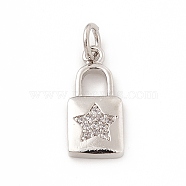 Brass Micro Pave Cubic Zirconia Pendants, with Jump Rings, Lock with Star Pattern Charm, Platinum, 16x7.5x2mm, Hole: 3mm (ZIRC-F132-50P)