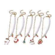 5Pcs 5 Styles Christmas Acrylic Imitated Pearl & Paperclip Chain Bracelets, Santa Claus & Deer Alloy Enamel Charm Stackable Bracelets for Women, Mixed Color, 7-1/8 inch(18.2cm), 1pc/style(BJEW-JB10383)