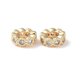 Brass Micro Pave Cubic Zirconia Spacer Beads, Flat Round, Real 18K Gold Plated, 8x3mm, Hole: 4mm(KK-I702-35G)