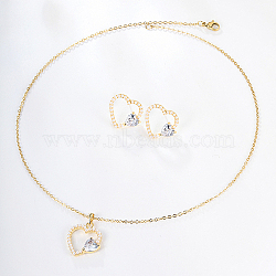 Clear Cubic Zirconia Heart Jewelry Set with Plastic Imitation Pearl, Alloy Stud Earring & Pendant Necklace, Real 18K Gold Plated, 17-3/4 inch(45cm), 18x15mm(ZC3739-1)