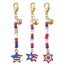 3Pcs Independence Day Alloy Enamel Pendant Decorations, with Glass Beads and Zinc Alloy Lobster Claw Clasps, American Flag, Red, 77~79mm, 3pcs/set(HJEW-MZ00045)