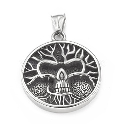 304 Stainless Steel Pendants, Flat Round with Tree of Life Pattern, Antique Silver, 41x35x7mm, Hole: 4x8mm(STAS-G303-31AS)