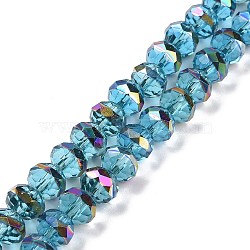 Transparent Electroplate Glass Beads Strands, Faceted, Rondelle, Half Rainbow Plated, Deep Sky Blue, 7.5~8x6.5~7mm, Hole: 1.4mm, about 65pcs/strand, 16.77 inch(42.6cm)(GLAA-F122-04C)
