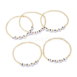 Glass Seed Beads Stretch Bracelets, with Acrylic Beads and Golden Plated Brass Spacer Beads, Word, Gold, Inner Diameter: 2-1/4 inch(5.6cm)(BJEW-JB05245)