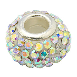Resin Rhinestone Beads, with Silver Color Brass Double Cores, Grade A, Rondelle, Crystal AB, 10x7mm, Hole: 2.5mm(CPDL-H001-10x7mm-10)