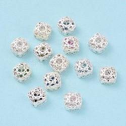 Eco-friendly Brass Cubic Zirconia Multi-Strand Links, Cadmium Free & Lead Free, Square, Silver Color Plated, Mixed Color, 8x8x5mm, Hole: 1.2mm(KK-D076-06A-S)