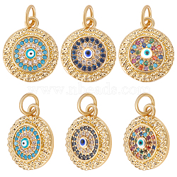 6Pcs 3 Colors Brass Micro Pave Cubic Zirconia Charms, with Enamel, Long-Lasting Plated, Flat Round with Evil Eye Charm, Real 18K Gold Plated, 15x12.5x3.5mm, Hole: 3.6mm, 2pcs/color(ZIRC-BBC0001-81)