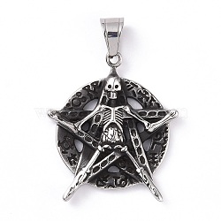 Flat Round with Skull 304 Stainless Steel Pendants, Antique Silver, 43.5x38x5mm, Hole: 6.5x10mm(STAS-G265-03AS)