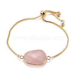Adjustable Brass Bolo Bracelets, Slider Bracelets, with Cubic Zirconia and Natural Rose Quartz Links, Oval, Golden, Inner Diameter: 2-3/4 inch(7.1cm)(BJEW-JB05472-03)