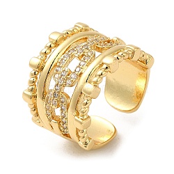 Rack Plating Real 18K Gold Plated Brass Hollow Oval Open Cuff Rings, with Cubic Zirconia, Long-Lasting Plated, Lead Free & Cadmium Free, Clear, Inner Diameter: 17.8mm(RJEW-B048-10G)