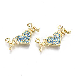 Brass Micro Pave Cubic Zirconia Pendant Link, for Mother's Day, Cadmium Free & Nickel Free & Lead Free, Heart with Word Mom, Real 16K Gold Plated, Light Sky Blue, 13x24x2.5mm, Hole: 1.2mm(KK-S061-85B-G-NR)