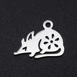 201 Stainless Steel Charms, Mouse with Flower, Hollow, Stainless Steel Color, 11x15x1mm, Hole: 1.5mm(STAS-N090-JN848-1)
