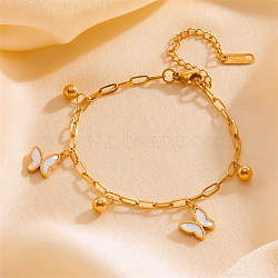 304 Stainless Steel Bracelets, with shell, Gold, Butterfly, 6-3/4 inch(17.3cm)(BJEW-R003-03G-02)