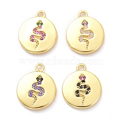 Brass Micro Pave Cubic Zirconia Pendants, Flat Round with Snake, Mixed Color, 11.5x9.5x1.5mm, Hole: 1mm(ZIRC-P085-33G)