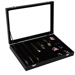 Rectangle PU Leather Covered with Plastic Jewelry Presentation Boxes, Clear Window Jewelry Organizer Showcase with Velvet Inside, for Necklaces Pendants Earrings Rings Storage, Black, 35x24.2x4.9cm(CON-WH0089-21B)