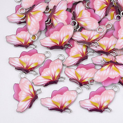 Printed Alloy Pendants, with Enamel, Butterfly, Platinum, Pink, 24.5x16x2mm, Hole: 2mm(X-PALLOY-R111-24C)