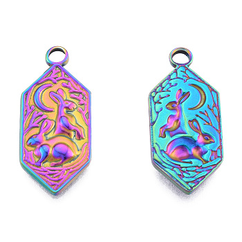 Ion Plating(IP) 201 Stainless Steel Pendants, Hexagon with Rabbit, Rainbow Color, 28x12x2.5mm, Hole: 2.5mm