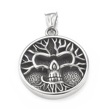 304 Stainless Steel Pendants, Flat Round with Tree of Life Pattern, Antique Silver, 41x35x7mm, Hole: 4x8mm