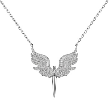 925 Sterling Silver Pendant Necklaces, Micro Pave Clear Cubic Zirconia, Angel, Real Platinum Plated, 15.87 inch(40.3cm)