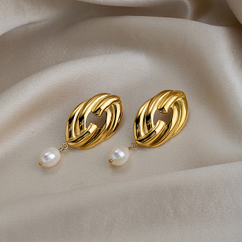 304 Stainless Steel Freshwater Pearl Dangle Stud Earrings for Women, Knot, Real 18K Gold Plated, 56.7x23mm