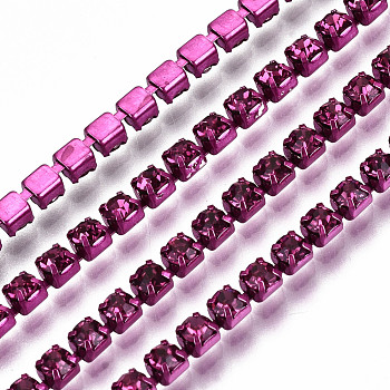 Electrophoresis Iron Rhinestone Strass Chains, Rhinestone Cup Chains, with Spool, Fuchsia, SS8.5, 2.4~2.5mm, about 10yards/roll