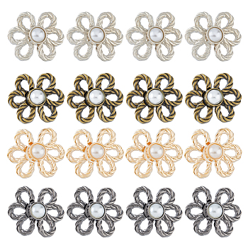 DICOSMETIC 16Pcs 4 Colors Flower Alloy Snap Lock Clasps with Plastic Imitation Pearl, Closure Sewing Fasteners for Garment Accessories, Mixed Color, 26x30x5mm, Hole: 4x6.5mm, 4pcs/color