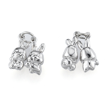 Brass Charms, Cadmium Free & Nickel Free & Lead Free, a Pair of Rabbits, Real Platinum Plated, 14x5.5x4mm, Hole: 2mm