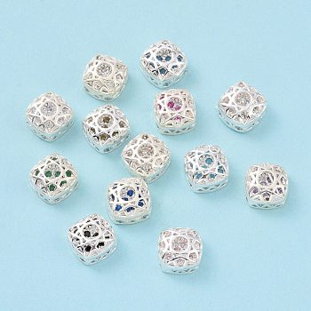 Eco-friendly Brass Cubic Zirconia Multi-Strand Links, Cadmium Free & Lead Free, Square, Silver Color Plated, Mixed Color, 8x8x5mm, Hole: 1.2mm