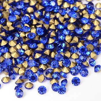 Back Plated Grade A Diamond Glass Pointed Rhinestone, Sapphire, 1.5~1.6mm, about 1440pcs/bag
