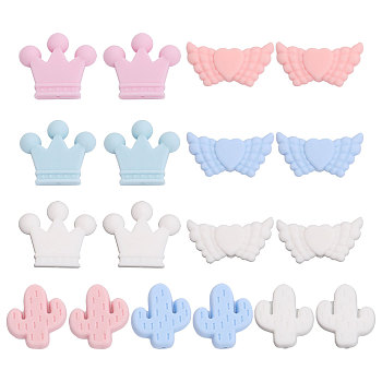 18Pcs 9 Style Food Grade Eco-Friendly Silicone Beads, Chewing Beads For Teethers, DIY Nursing Necklaces Making, Crown & Cactus & Heart with Wing, Mixed Color, 19~30x23~38x8~10mm, Hole: 2~3mm, 2pcs/style