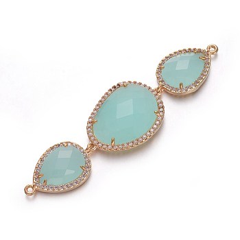 Brass Glass Links connectors, with Micro Pave Cubic Zirconia, teardrop, Golden, Aqua, 69~70x18.5x6mm, Hole: 1.2mm