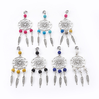 Dyed Natural Lava Rock Big Pendants, with Tibetan Style Alloy Findings and 304 Stainless Steel Lobster Claw Clasps, Woven Net/Web with Feather, Antique Silver & Stainless Steel Color, Mixed Color, 90mm, Pendant: 80x29x6mm