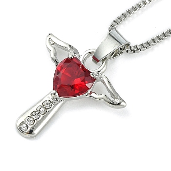Cubic Zirconia Fairy with Heart Pendant Necklace with Box Chains, Platinum Zinc Alloy Jewelry for Women, Red, 18.98 inch(48.2cm)