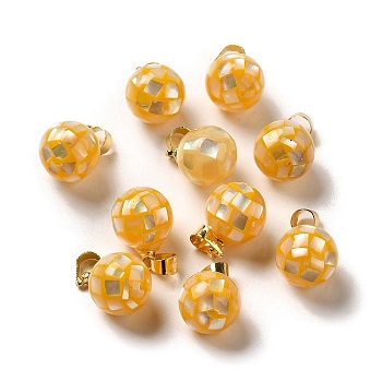 Natural Yellow Shell Dyed Round Charms, with Golden Plated Brass Snap on Bails, Orange, 14x10mm, Hole: 4.5x4mm