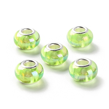 UV Plating Resin European Beads, Rondelle Large Hole Beads, with Platinum Tone Alloy Double Cores, Lawn Green, 13.5x9mm, Hole: 5mm