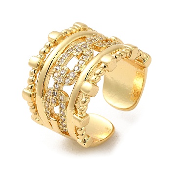 Rack Plating Real 18K Gold Plated Brass Hollow Oval Open Cuff Rings, with Cubic Zirconia, Long-Lasting Plated, Lead Free & Cadmium Free, Clear, Inner Diameter: 17.8mm