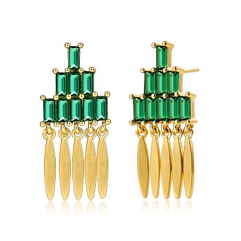 Brass Micro Pave Cubic Zirconia Stud Earrings, Tassel Earrings, Green, Golden, 26x12mm