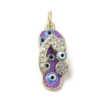 Brass Micro Pave Cubic Zirconia Pendants, with Enamel, with Jump Ring, Real 18K Gold Plated, Slipper
 with Evil Eye, Medium Purple, 20x8.5x5.7mm, Hole: 3.2mm