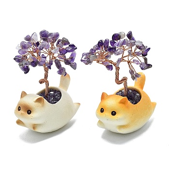 Natural Amethyst Chips Tree of Life Decorations with Cat Display Decorations, with Mixed Colors Ceramic Base & Copper Wire, Feng Shui Energy Stone Gift for Home Office Desktop Decoration, 69~70x43.9x90~97mm
