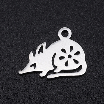 201 Stainless Steel Charms, Mouse with Flower, Hollow, Stainless Steel Color, 11x15x1mm, Hole: 1.5mm