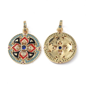 Brass Micro Pave Cubic Zirconia Pendants, with Colorful Enamel, Flat Round with Flower Charms, Real 18K Gold Plated, 23.5x20x2.5mm, Hole: 4.3mm