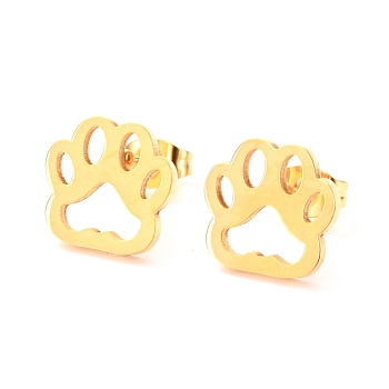 Ion Plating(IP) 304 Stainless Steel Stud Earrings, Dog Paw Prints, Golden, 12x11.5mm, Pin: 0.8mm