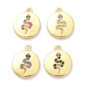 Brass Micro Pave Cubic Zirconia Pendants, Flat Round with Snake, Mixed Color, 11.5x9.5x1.5mm, Hole: 1mm