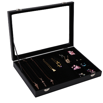 Rectangle PU Leather Covered with Plastic Jewelry Presentation Boxes, Clear Window Jewelry Organizer Showcase with Velvet Inside, for Necklaces Pendants Earrings Rings Storage, Black, 35x24.2x4.9cm