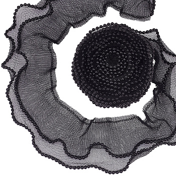 2 Layer Polyester Pleated Lace Trim, with Plastic Beads Lace Ribbon for Garment Accessories, Black, 3-1/8 inch(80mm)