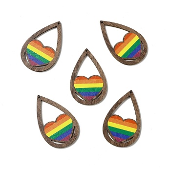 Rainbow/Pride Flag Theme Single Face Printed Aspen Wood Big Pendants, Teardrop Charm, Heart Pattern, 54.5x34x2.5mm, Hole: 1.8mm