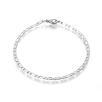 304 Stainless Steel Figaro Chain Bracelets, with Lobster Claw Clasps, Stainless Steel Color, 8-1/8 inch(20.5cm), 2.5mm