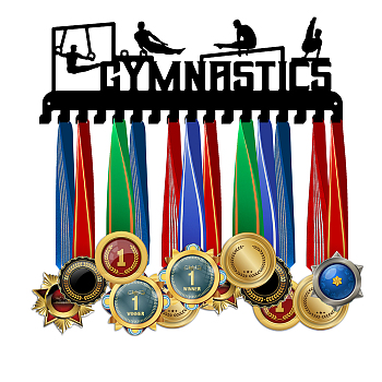 Sport Theme Iron Medal Holder Frame, Medals Display Hanger Rack, 17 Hooks, with Screws, Gymnastics Pattern, 150x400mm