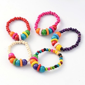 Kids Bracelets Wood Beaded Stretch Bracelets, Mixed Color, 47mm