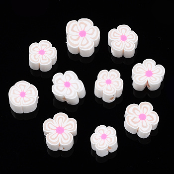 Handmade Polymer Clay Beads, Flower, Antique White, 7~10x7~11x3~5mm, Hole: 1.6mm
